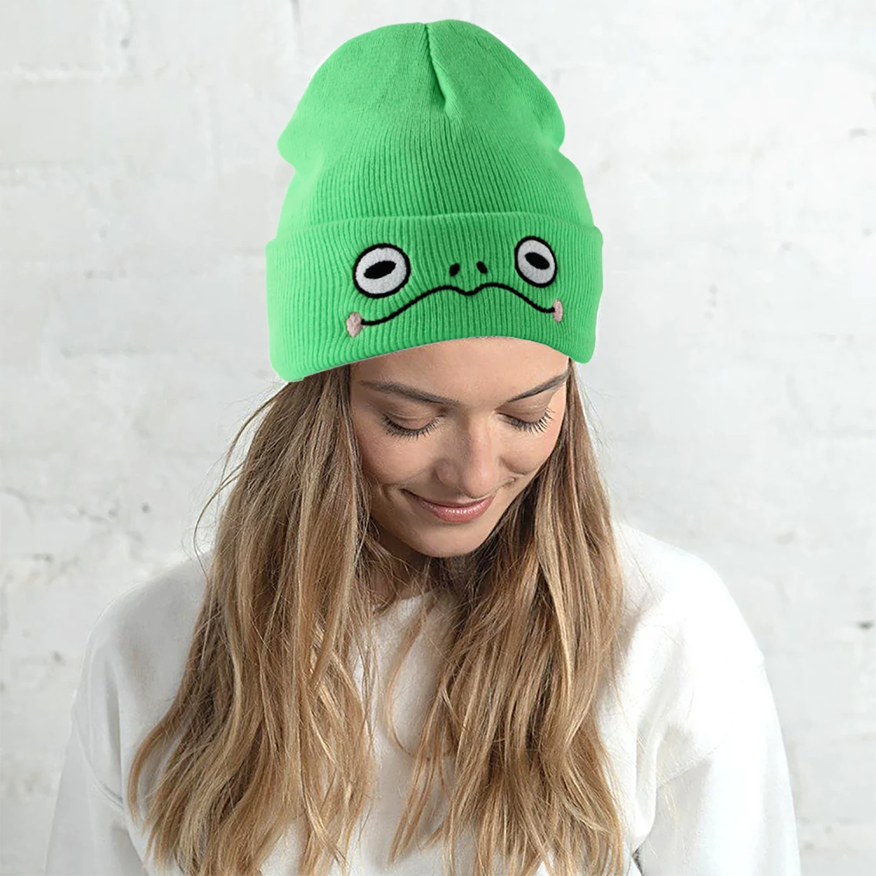 Kermit the Frog Sad Frog Beanie Hat Green Frog Knitted Hats Interesting Embroidery Women Hat