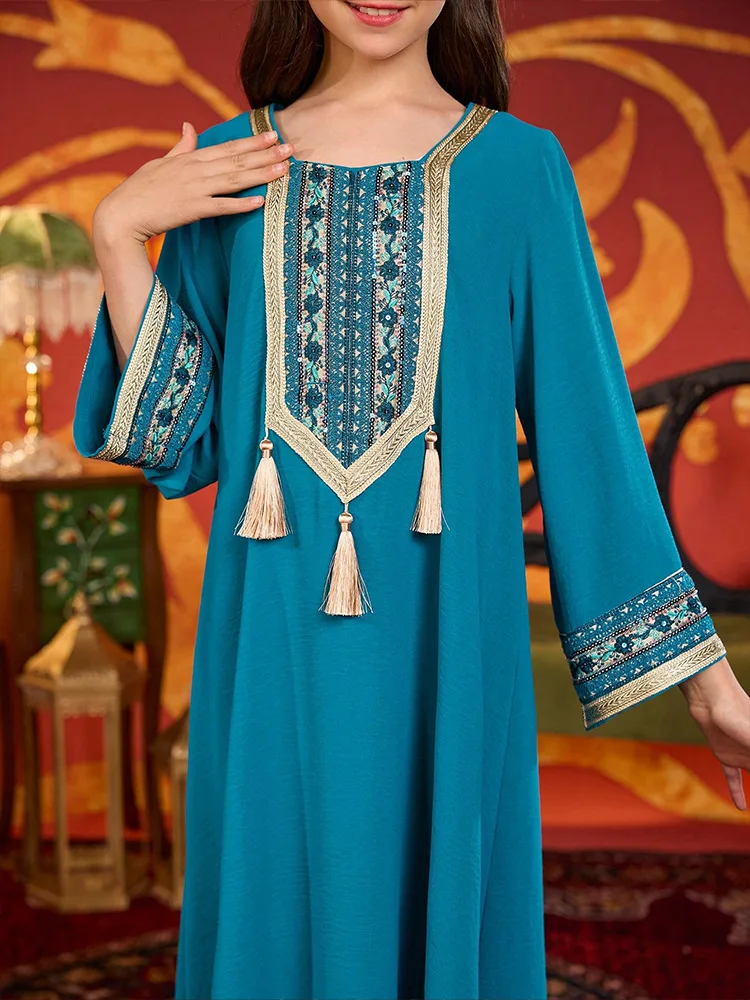 

Дубай, мусульманское детское платье макси с вышивкой для девочек, халат, молитвенный Рамадан, свободная детская исламская одежда, марокко, арабская Абая, Турция