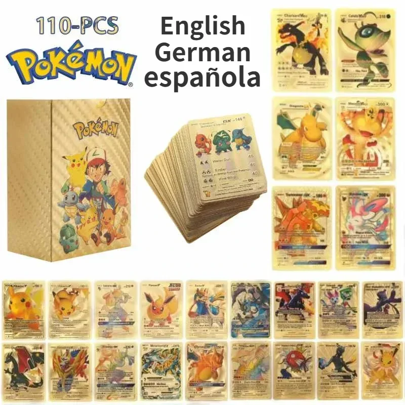 110PCS Gold Foil Original Pokemon Cards Non-repeating Pikachu Anime Cards English Spanish German Pokemon Cards Party Games Gift