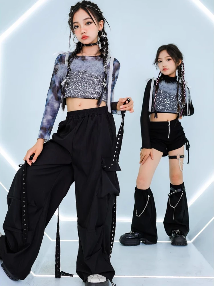 Girls Hip Hop Dance Costume Sequin Vest Black Pants Jazz Kpop Performance Clothing Fashion Catwalk Outfits Stage Wear BL13278