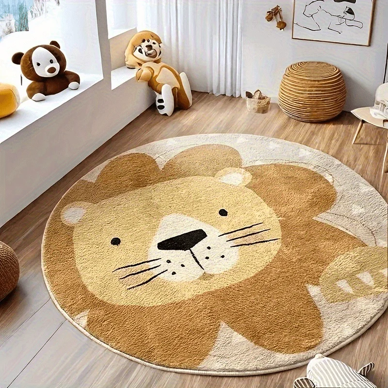 VIKAMA Cute Cartoon Lion Round Carpet Children's Room Bedroom Decoration Soft Non-Slip Playroom Play Mat Home Decoration