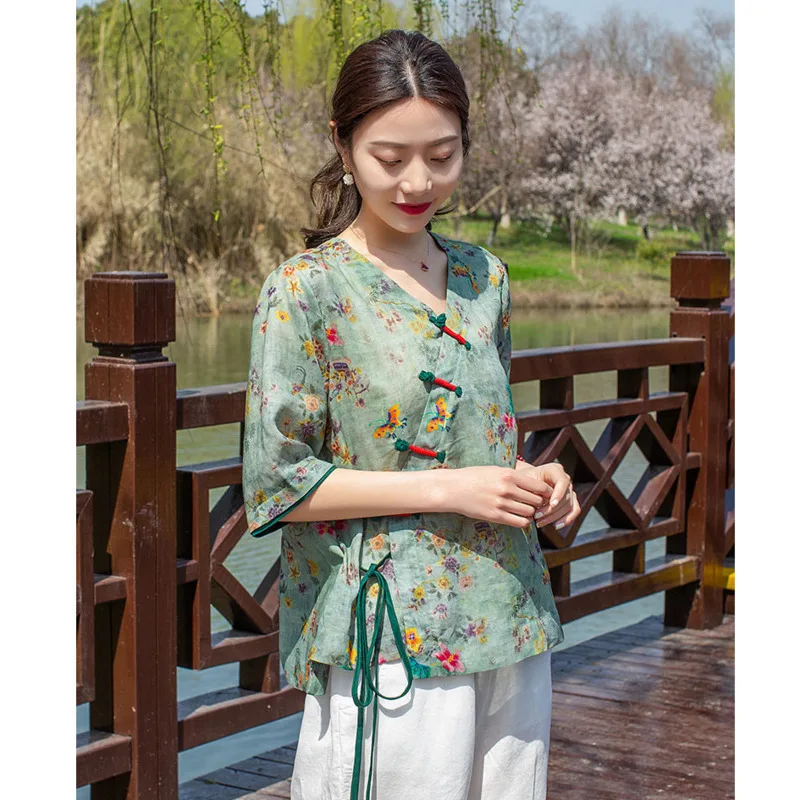 Vintage Cotton Linen Floral Print V Neck Shirt Chinese Style Traditional Female Hanfu Blouse National Loose Women Tops Tang Suit