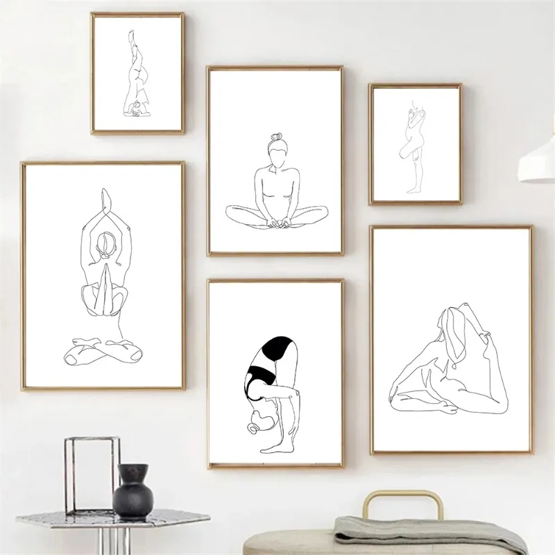 Abstract Fitness Minimalist Yoga Asanas Line Art Poster Prints Canvas Painting Woman Body Nude Wall Art Picture Home Room Decor