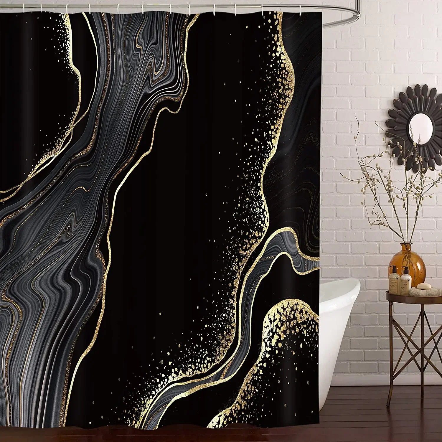 Black Gold Marble Crack Bathroom Shower Curtain Luxury Abstract Deco Textured Geode Art Polyester Fabric Hooks Bath  Curtain Set