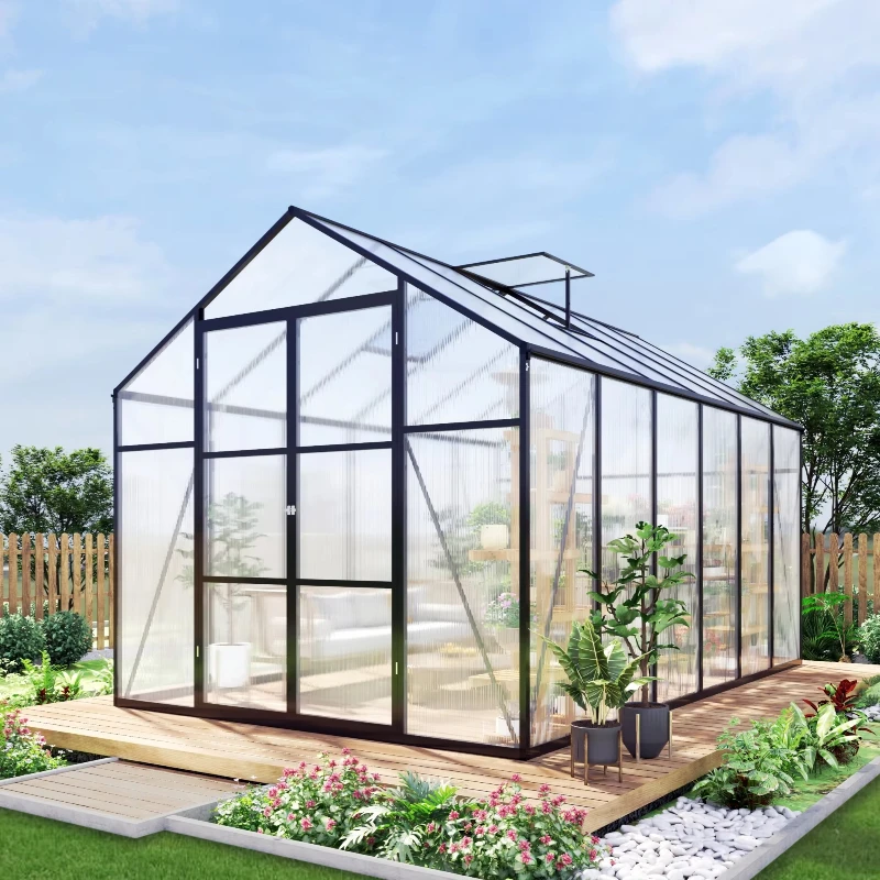 8x12 FT Greenhouse for Outdoors, Quick Setup Polycarbonate Greenhouse With Roof Vent, Aluminum Large Walk-in Greenhouse
