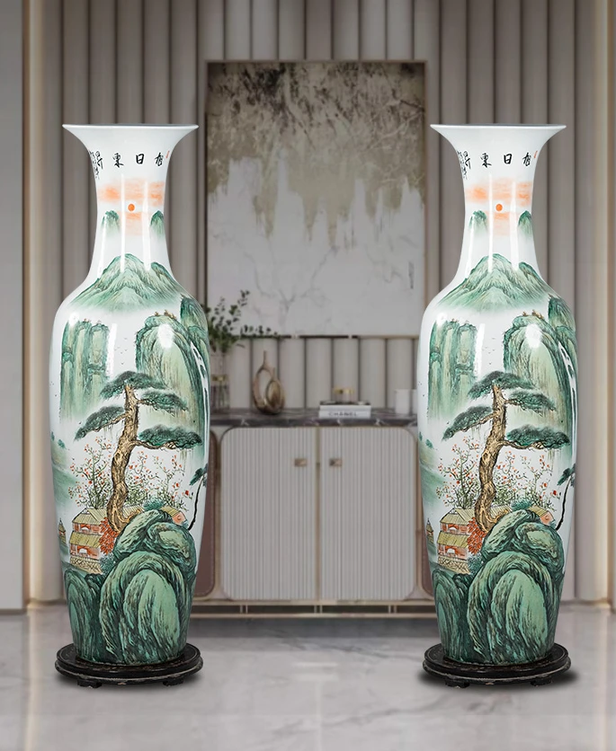 Floor Large Vase New Chinese Style Hand Painted Pastel Decoration Living Room and Hotel Opening Large Porcelain Bottle