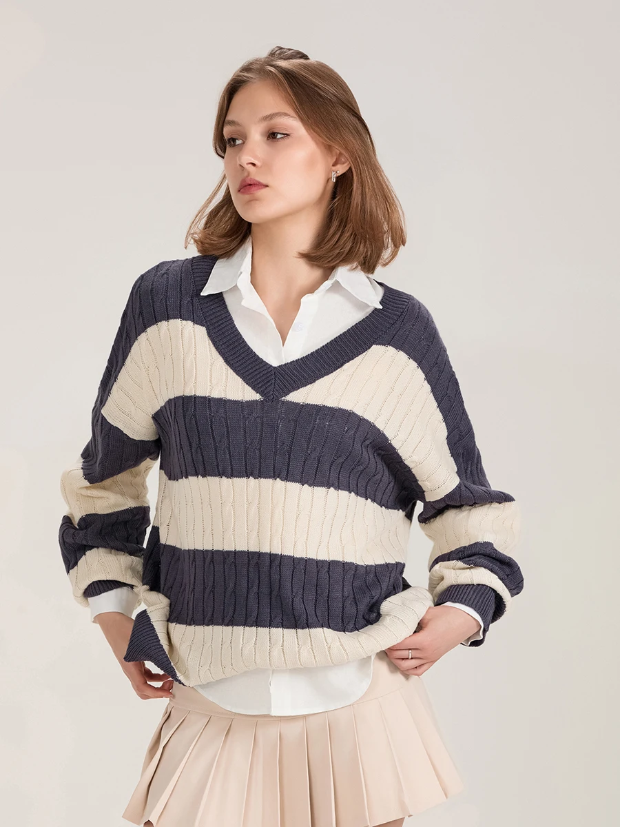 wsevypo Women Cable Knitted Sweaters Fall Winter Classic Retro Striped V Neck Pullovers Jumpers for Streetwear Warm Knitwear