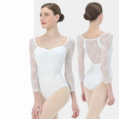 Imagen 2 del producto Leotardo de ballet para mujer adulta para danza, cuello redondo, forro frontal completo, leotardo de danza básica de manga larga de encaje