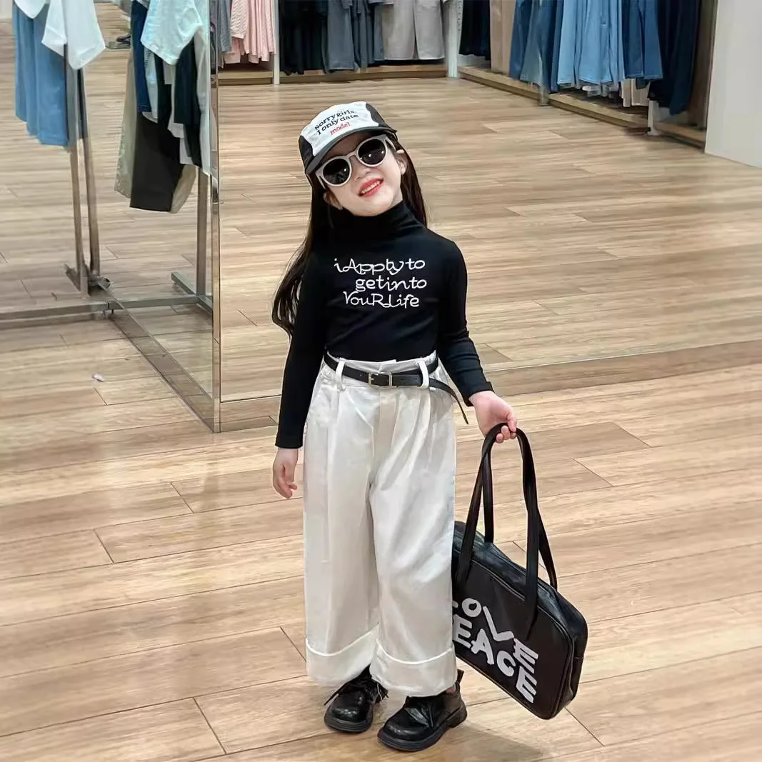 Girls Suit 2024 Winter New Childrens Wear Baby Girl Black Leather Motorcycle Coat White Tooling Wide-leg Pants Two-piece Set