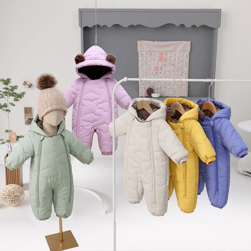 

0-2Y Cute Bear Ears Winter Warm Kids Snowsuit Toddler Baby Girl Boy Jumpsuit Thickened Fleece Lined Double-Layer Hooded Romper
