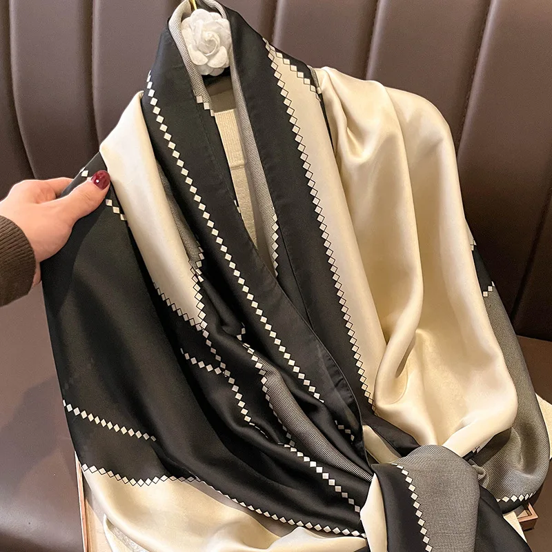 90*180 センチメートルシルク女性スカーフ高級デザイナー薄いサテンプリントショール日焼け止め暖かいビーチスカーフ女性ヒジャーブラップ