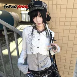 Genayooan Y2k Japanese Hoody Women Patchwork Knit Cardigan Print Graphic Tops Streetwear American Retro Hoodyed Sweatshirt 2000s