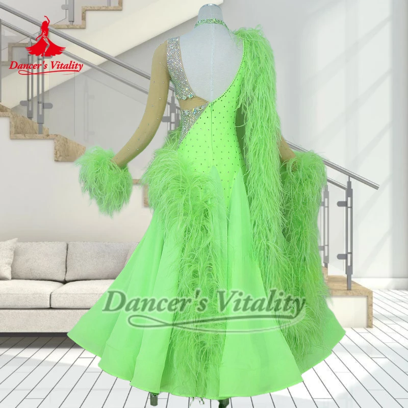 النساء الفلورسنت الأخضر ريشة قاعة الرقص العروض والمسابقات فستان محكم من عند الصدر ويتدلى بشكل واسع حيوية الرقص الفالس فوكستروت الزي