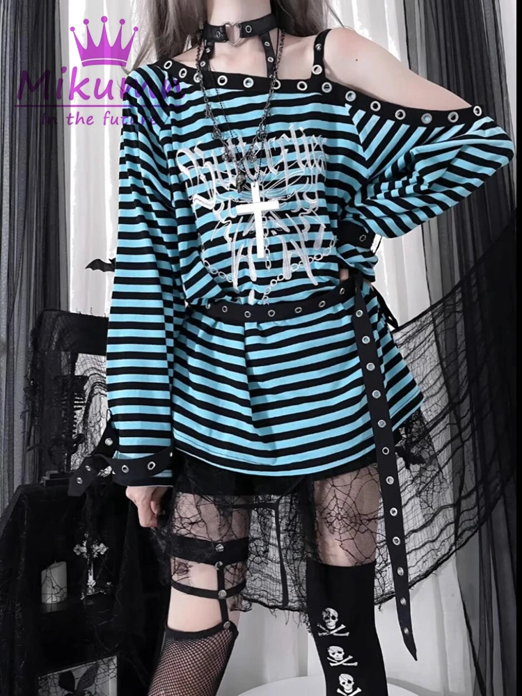 Harajuku Punk Black Blue Red Striped T Shirts Y2k Gothic Girls Off Shoulder Loose Butterfly Letter Long Sleeve Top Grunge Tees