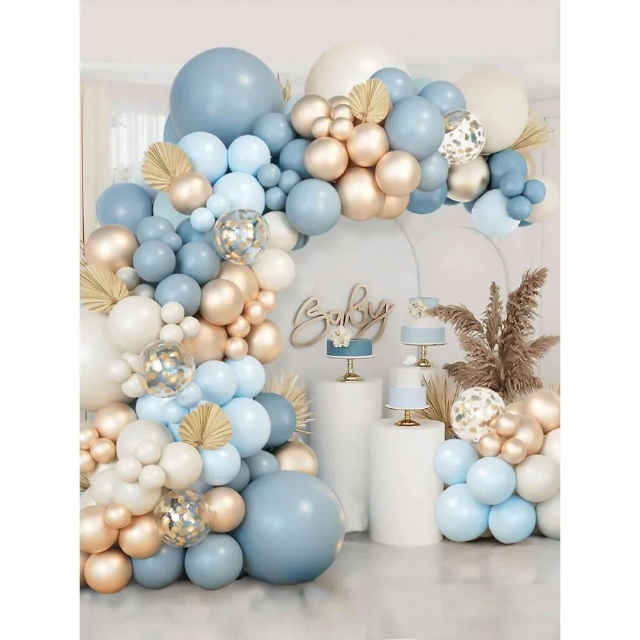 Cadena de globos de metal azul y dorado champán de 109 piezas y 2 accesorios para globos, decoración perfecta para bodas, cumpleaños, fiestas y Nochebuena
