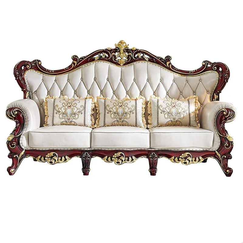 

European leather sofa, high-end villa living room, solid wood carving, luxurious red sandalwood, American
