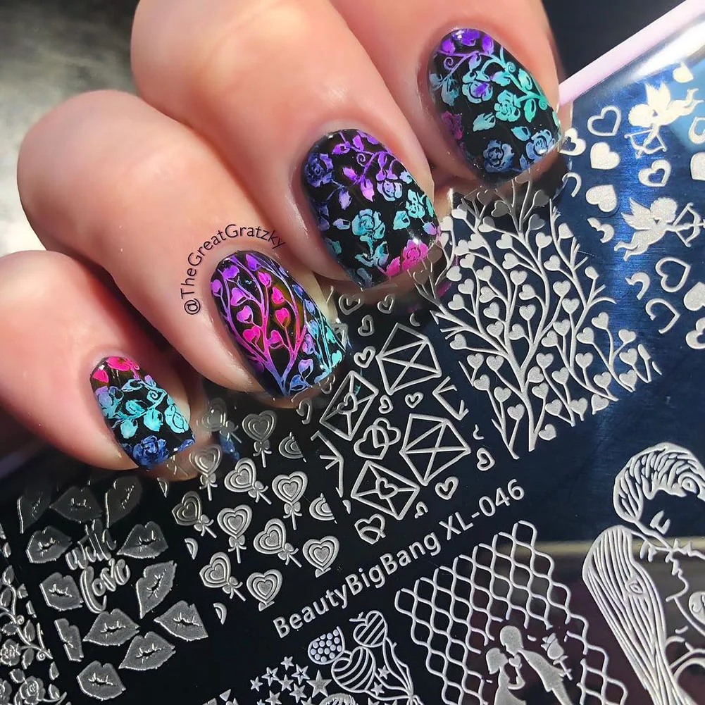 BeautyBigBang Nail Stamping Plates Valentine\'s Day Love Heart Flowers Pattern For Nails DIY Art Stamp Template XL-046