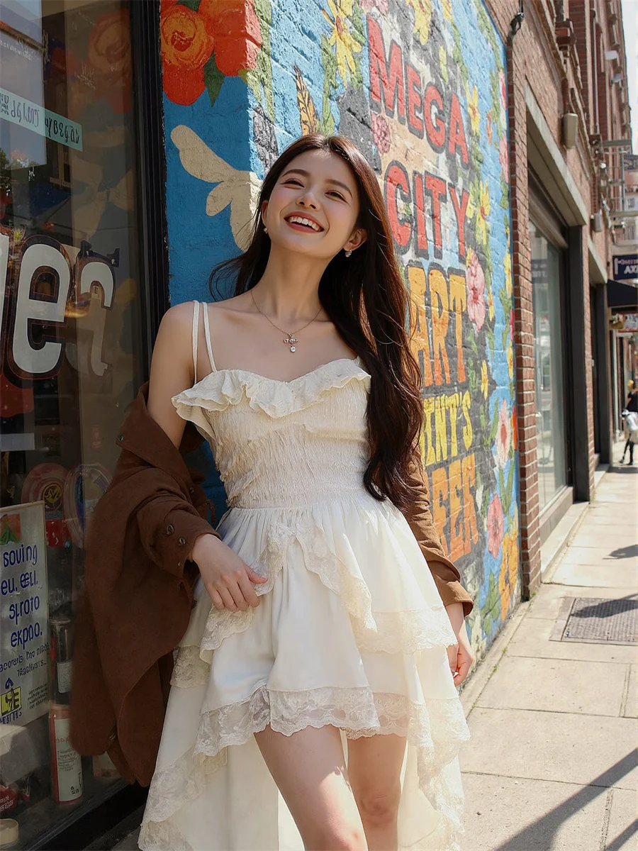 Women'S Dress A-Line Lace-Up Flounced Edge Crochet Lace Sheer Transparent Illusion Detail Feminine Sweet Romantic Delicate