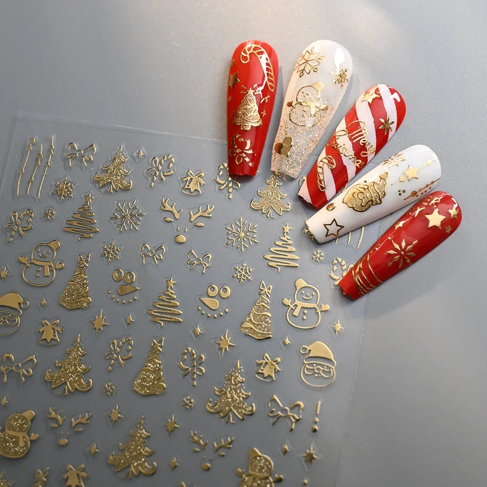 12 個シャンパンゴールドクリスマスネイルステッカー 3D スパークリングスノーフレーククリスマスツリーサンタネイルスライダー新年ネイルデコレーション