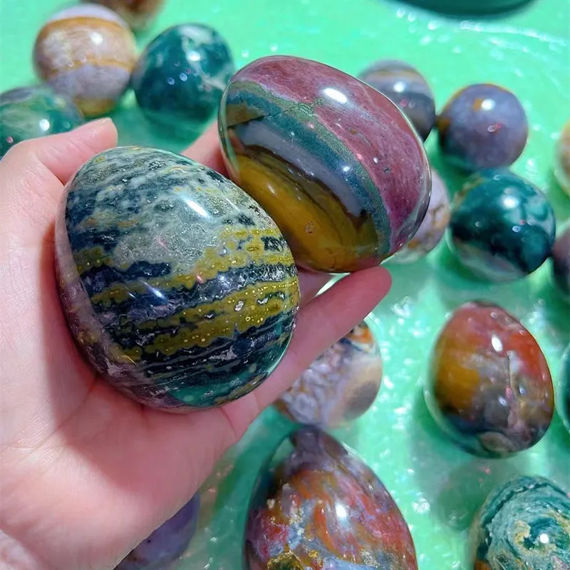 Natural Polished Gemstone for Decoration, Colorful Crystals, Ocean Jasper, Egg Shaped Stone