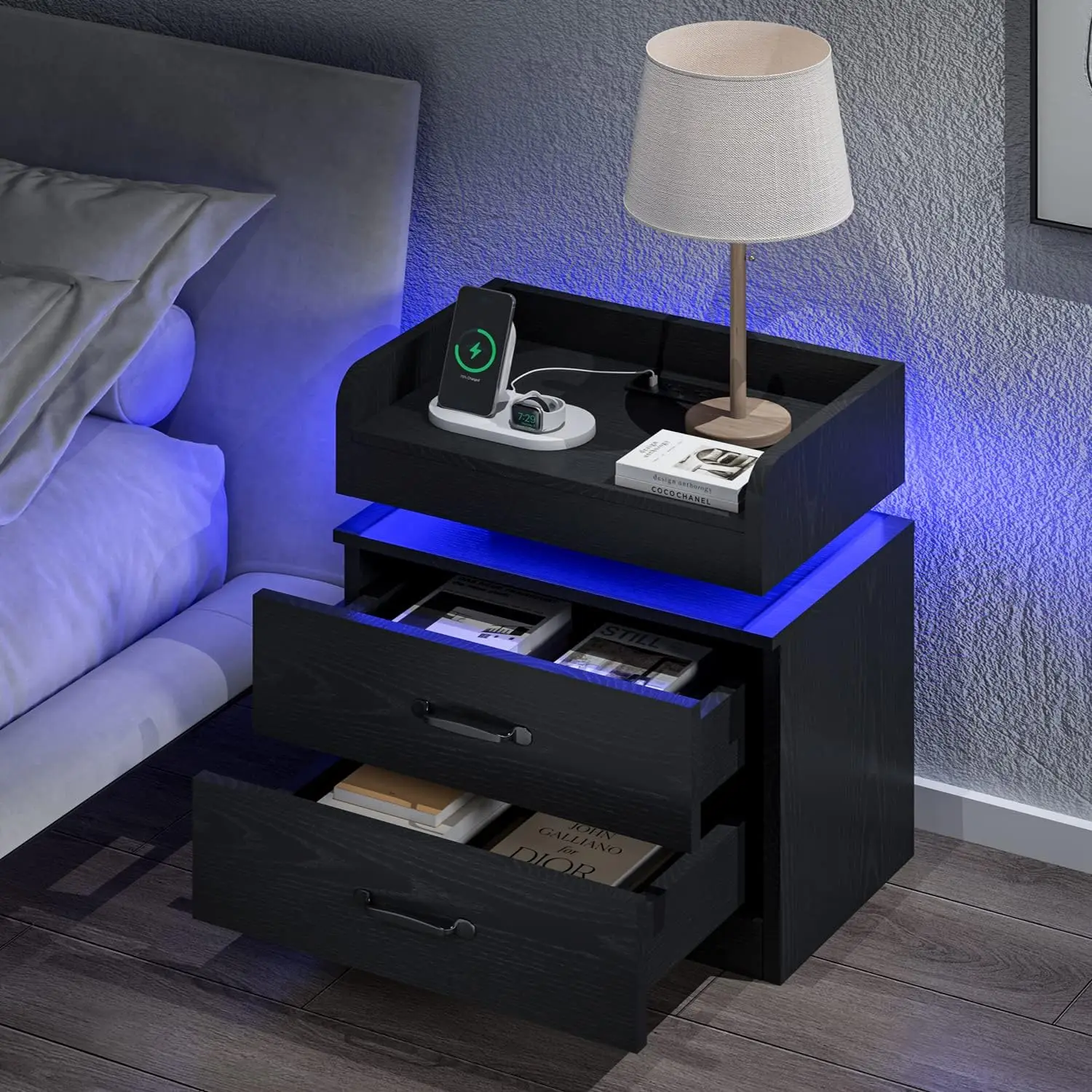 Black Nightstand with Charging Station, Night Stand with LED Lights, Modern Led End Table Nightstand for Bedroom, Bedside Table