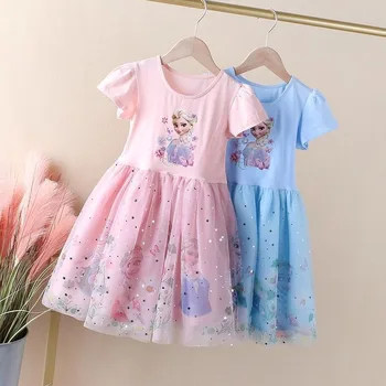 Elsa Princess Party Dress for Girls 3 Girls Dress Cartoon Summer Frozen Fashion Children's Elsa Princess Baby Girl Toddler Short Sleeve Cute Party Dresses 3-9Y 3