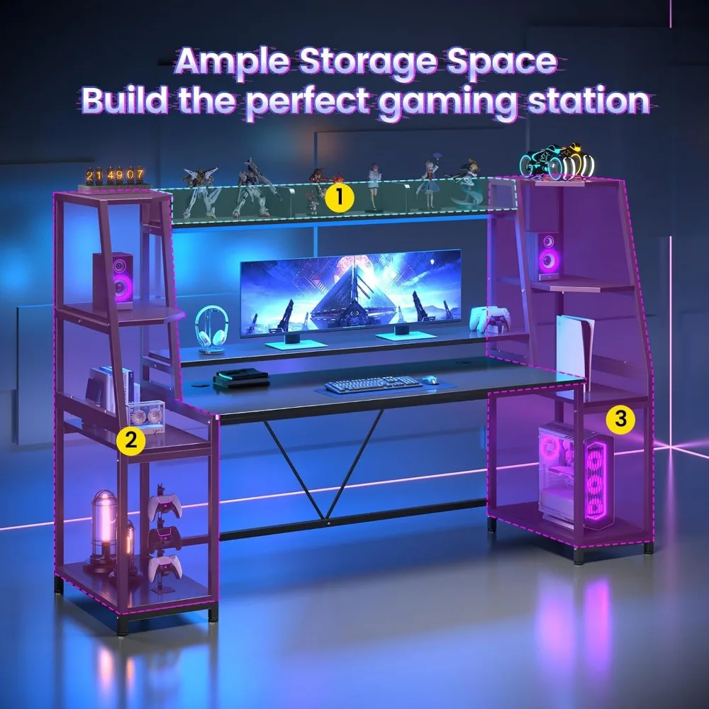 مكتب ألعاب 78.8 بوصة مزود بمصابيح LED وأرفف تخزين وحامل شاشة ومكتب كمبيوتر كبير لألعاب الكمبيوتر #5
