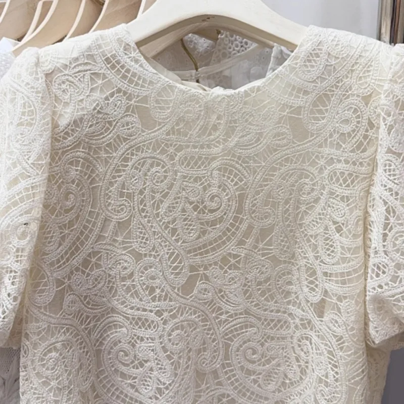 Neploe Elegant Sweet Puff Sleeve Shirts Women 2024 Summer New O-neck Lace Up Blouses Y2k Lace Short Sleeve Blusas Mujer