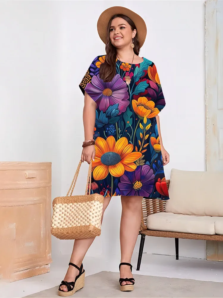 3D Flower Power Print Dress Summer Women Flower Pattern Short Sleeve Dress Plus Size Loose Casual Pullover Ladies Clothing Dress