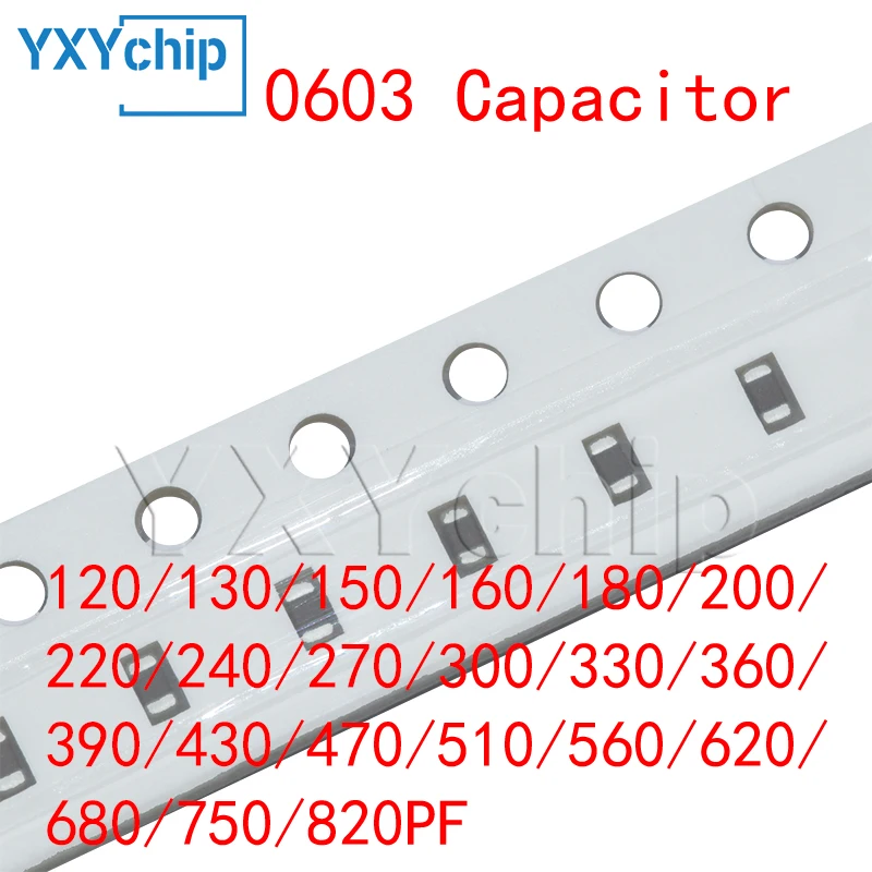 

100pcs SMD Capacitor 120/130/150/160/180/200/220/240/270/300/330/360/390/430/470/510/560/620/680/750/820PF X7R 10%