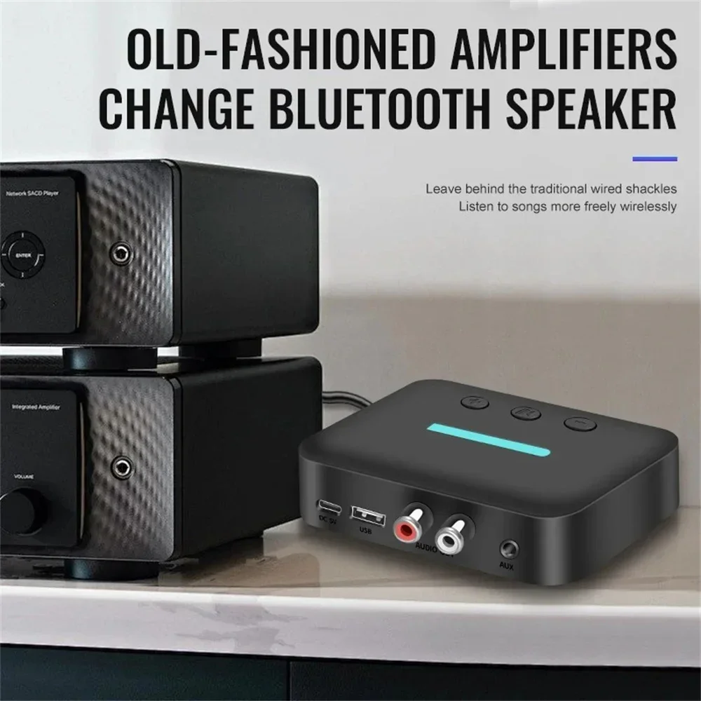 محول استقبال الصوت بلوتوث 5.3 موسيقى ستيريو 3.5 ملم AUX R/L RCA USB يدعم تشغيل U-القرص لمكبر صوت سطح المكتب أمبير
