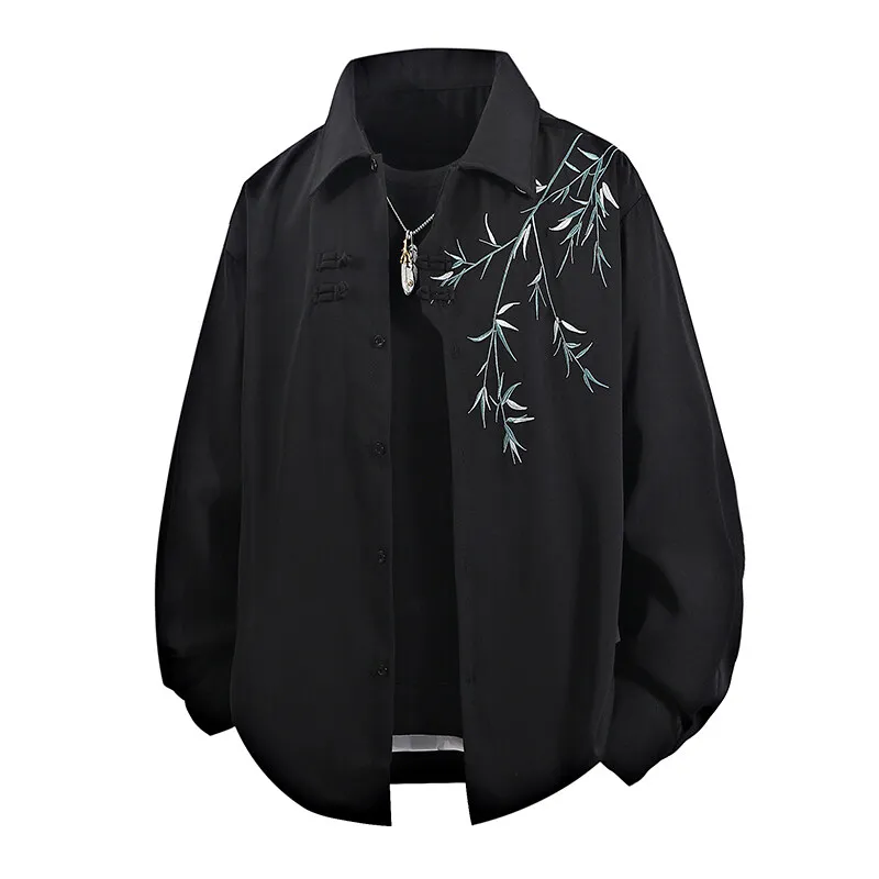 2025 New Spring Bamboo Embroidery Shirt for Men Fashionable Casual Loose  Long Sleeved Shirts Soft Unisex Tops