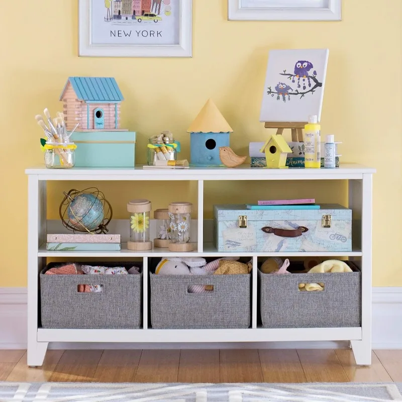 

Kids' Low Bookcase - Creamy White: 24 Inch Wooden Storage Organizer Cubby with Fabric Bins for Playroom and Bedroom