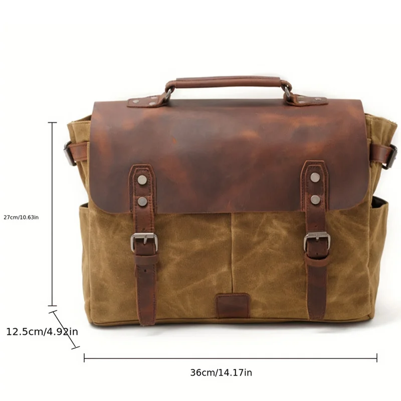Vintage Oil Waxed Canvas With Crazy Horse Leather Briefcase European-American Men\'S Bag Vintage Single Shoulder Crossbody Tote