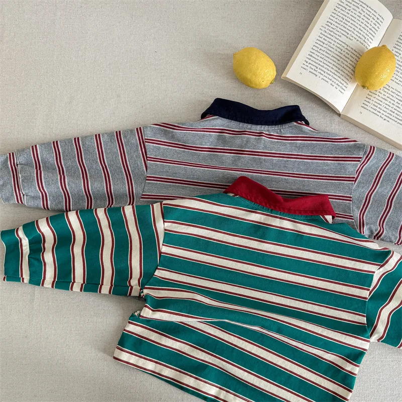 2026 New Spring Baby Boys Striped Polo Shirts Long Sleeve Tops Korean Style Toddlers Kids Casual T-shirts 5