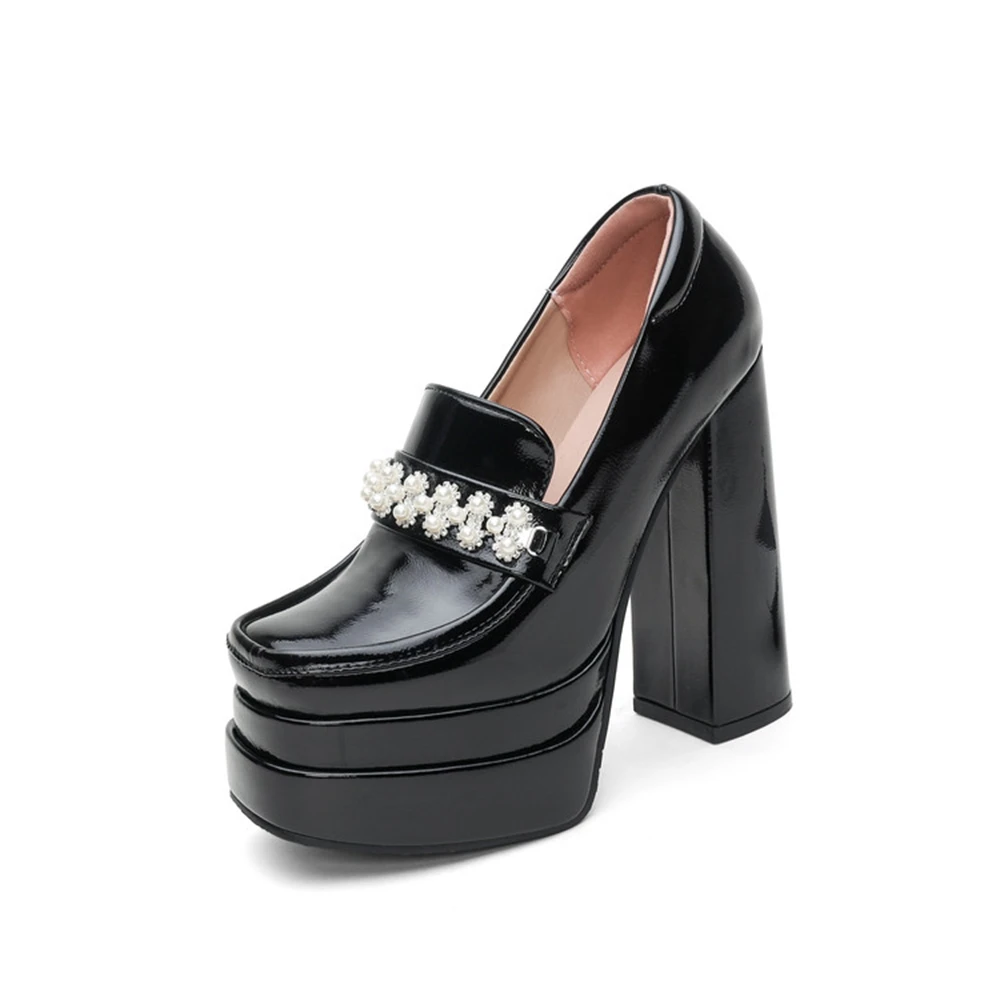 

Women Black Patent Leather Platform Loafers Square Toe Chunky High Heel Pumps with Pearl Chain Plus Size 34-45 Dress Shoes 0459