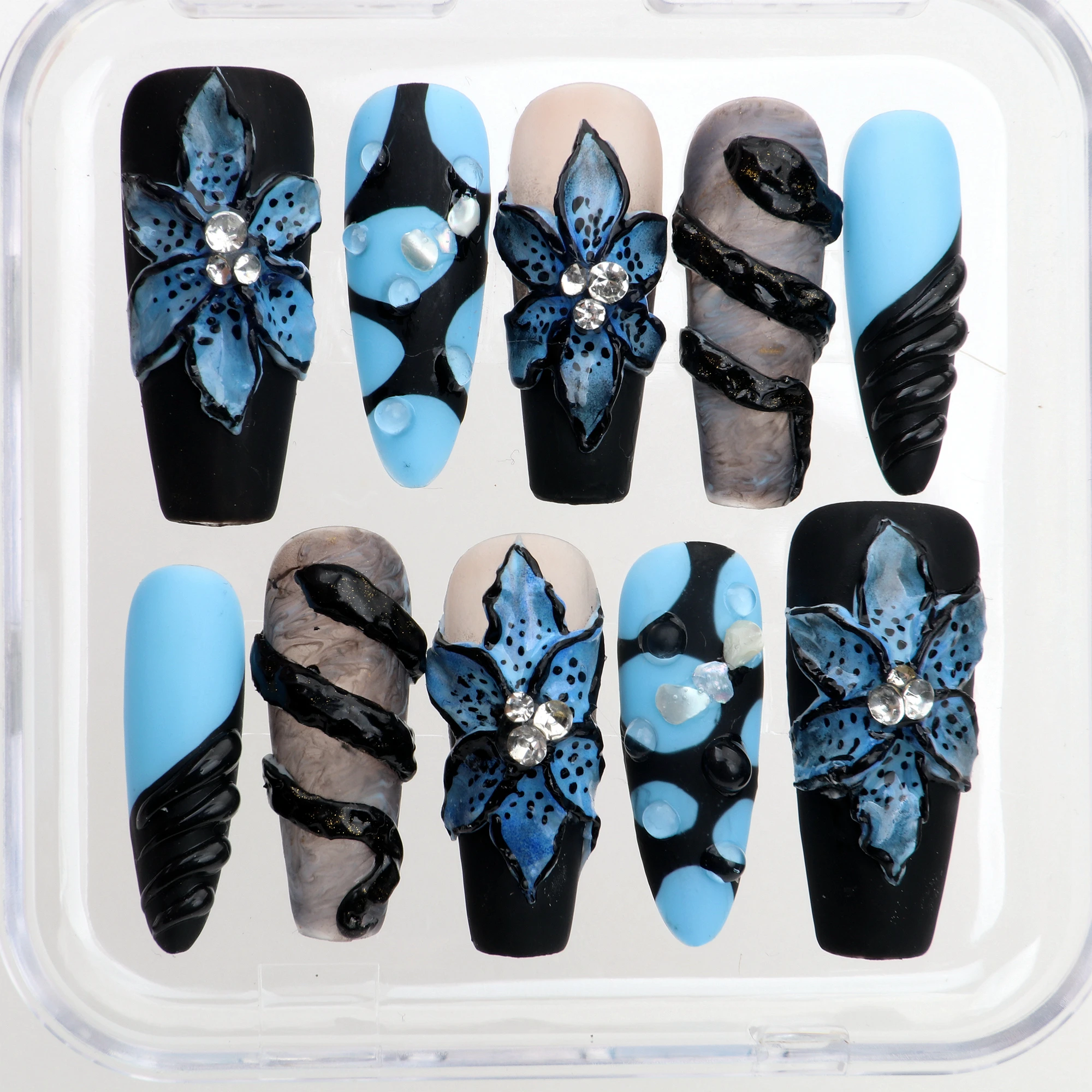 10Pcs Unique 3D Flower Design Matte Black Nails,Luxurious Christmas and Holiday Nail,Fake Nails Black Snake Accent Mom Gift