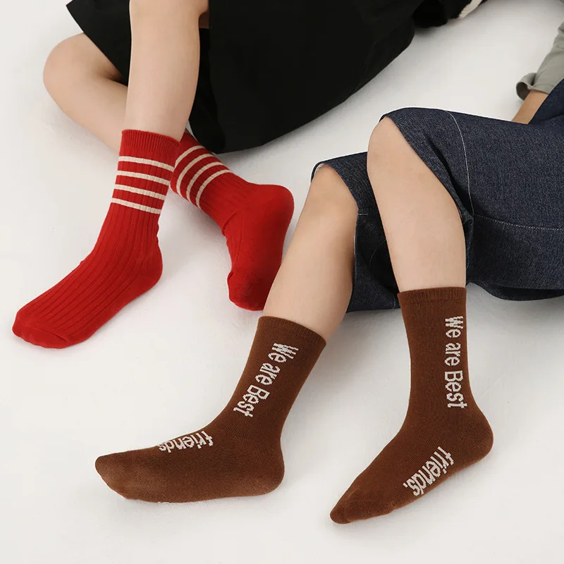 Kids Solid With Striped Socks Children Spring Autumn Cotton Socks Calf Length 3-12 year-old Baby Boys Girls Fashion Sport Sock