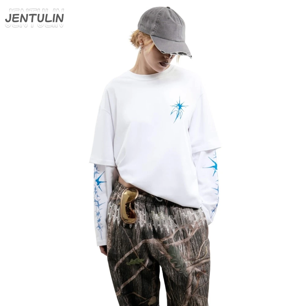 Harajuku Oversized Streetwear Men\'s Tshirts Bright Side Graphic Print Hip Hop Clothing Fake Two Pieces Long Sleeve Tops Goth Y2k