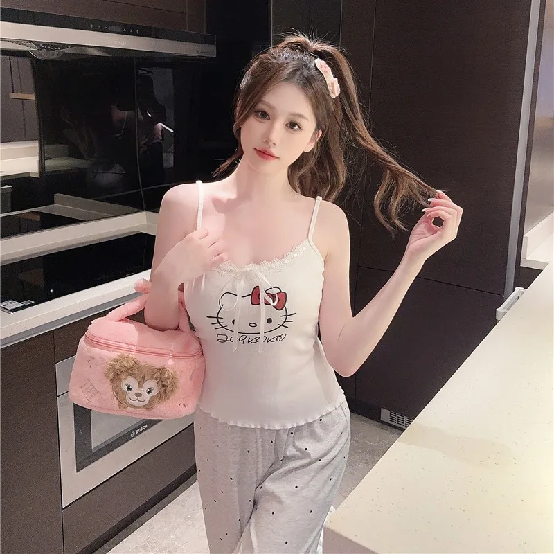 Sanrio Hello Kitty Anime Y2k Kawaii Modal Pajamas Women\'S Warm Sexy Casual Home Spring Autumn Three-Piece Home Suit Long Sleeves