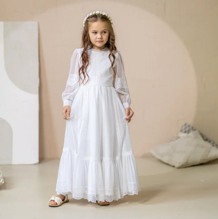 

New White Flower Girl Dress for Wedding Lace Full Sleeve Princess Dress Party Gown First Communion Dresses