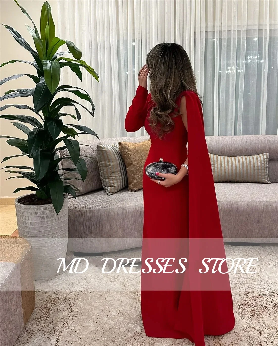 MD Elegant Red Evening Gown A-line Long Sleeve Square Collar Prom Down Muslim Saudi Floor-length Formal Occasion customised 2025