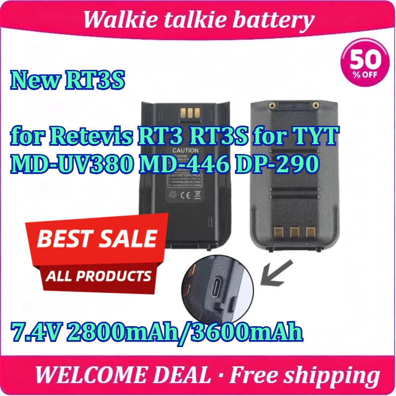 

New RT3S for Retevis RT3 RT3S for TYT MD-UV380 MD-446 DP-290 Walkie Talkie Battery 7.4V 2800mAh/3600mAh Type-C Optional Battery