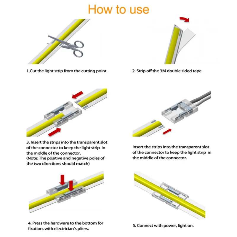 Conector de tira led transparente sem solda, 5 peças para cob 2835 5050 dim rgb cct luzes de tira led ip20 conectores de extremidade dupla única
