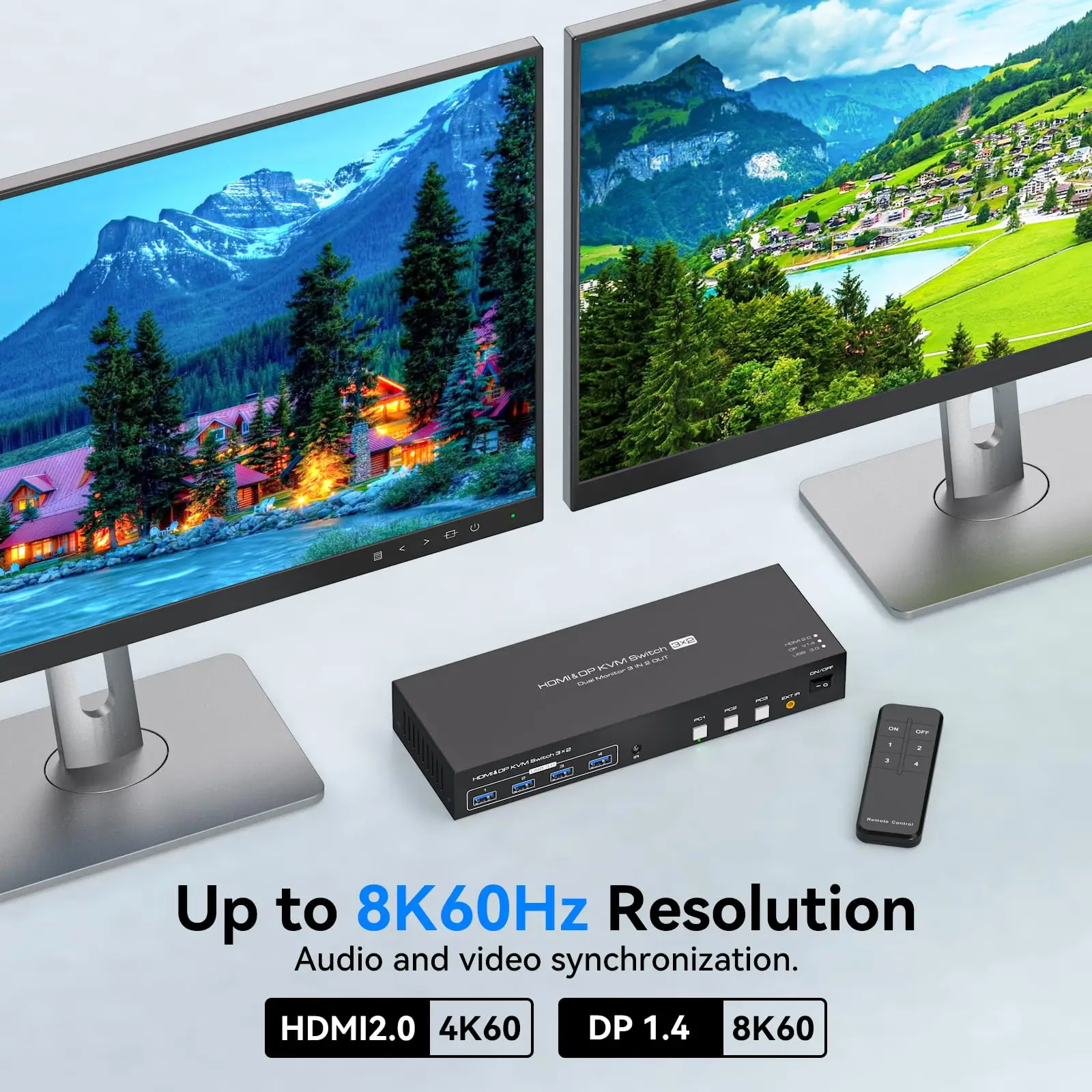 HDMI + DisplayPort KVM Switch 2จอภาพคอมพิวเตอร์3เครื่อง, dual Monitor DP1.4 KVM swtiches สำหรับ3ชิ้นแชร์2จอภาพ4อุปกรณ์3.0 USB