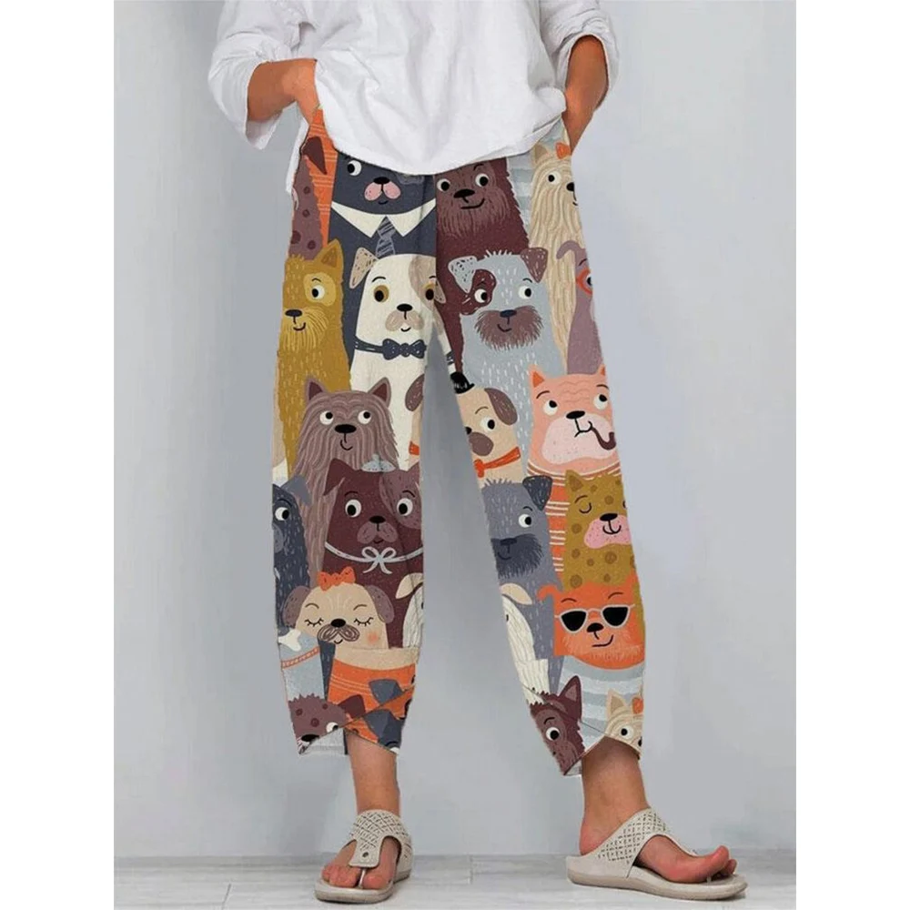 CLOOCL New Women Pants Casual Trousers with Double Pocket Black and White Cute Lot of Puppy Pattern Print Female Clothing S-5XL