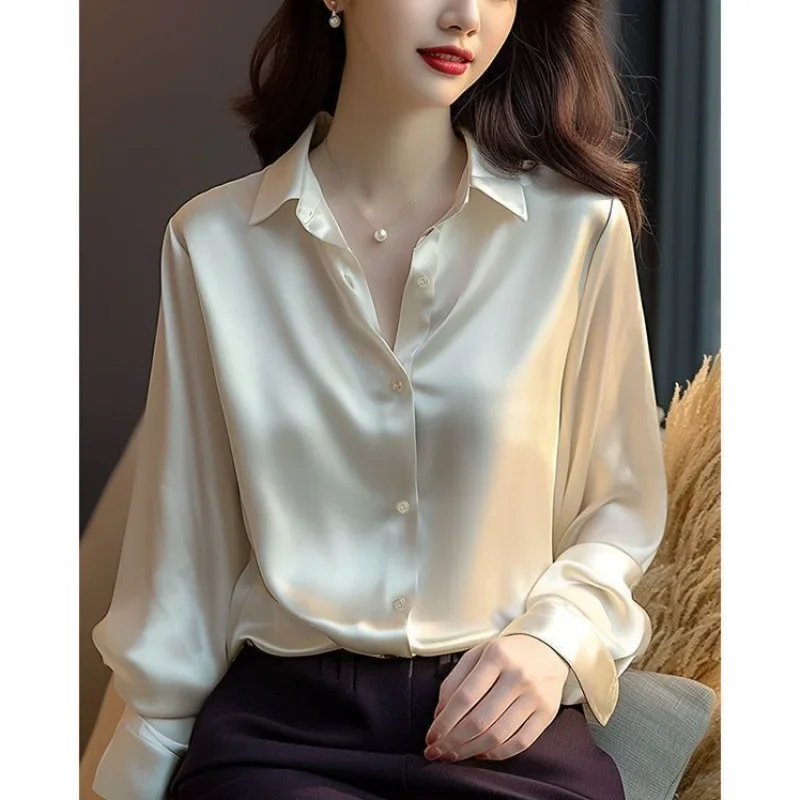 Spring Autumn New Women\'s Solid Color Polo-Neck Button Elegant Loose Long Sleeve Versatile Commuter French Unique Shirt Tops