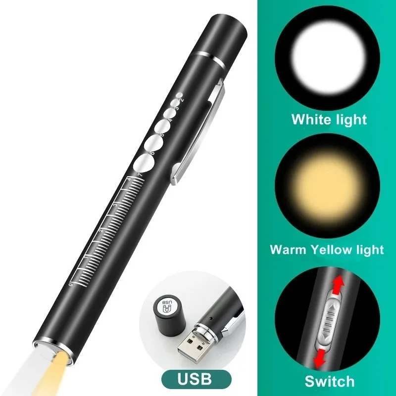 Rechargeable Medical Handy Pen Light Mini Nursing Flashlight 2 in 1 Pocket LED Torch Penlight Light Outdoor Fishing Tool