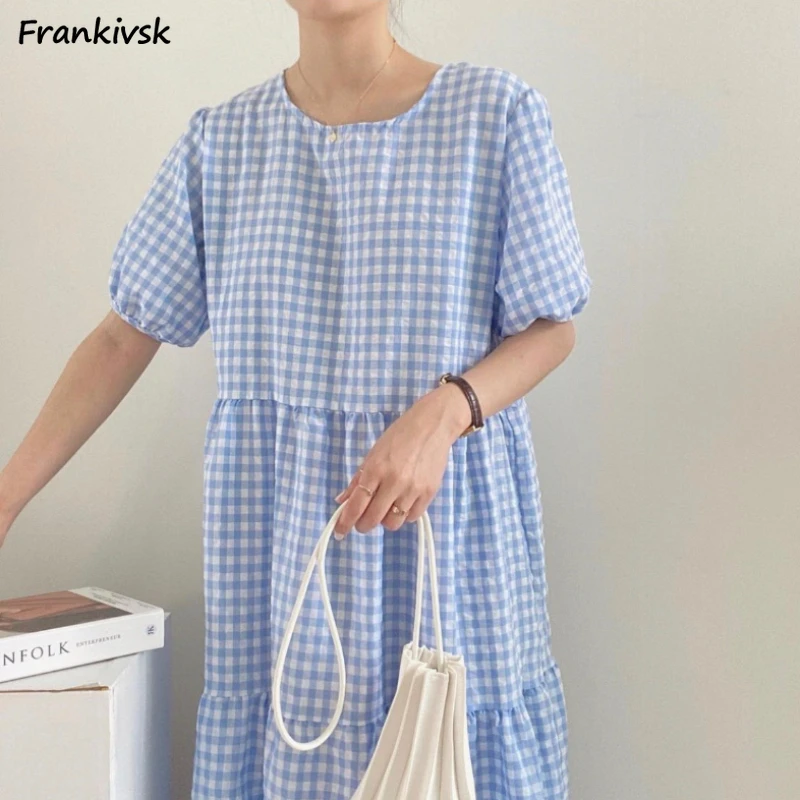 Women Dresses Summer Plaid Casual Classical All-match Chill Korean Style Short Sleeve O-neck Tender Sweet Girlish Hipster Loose