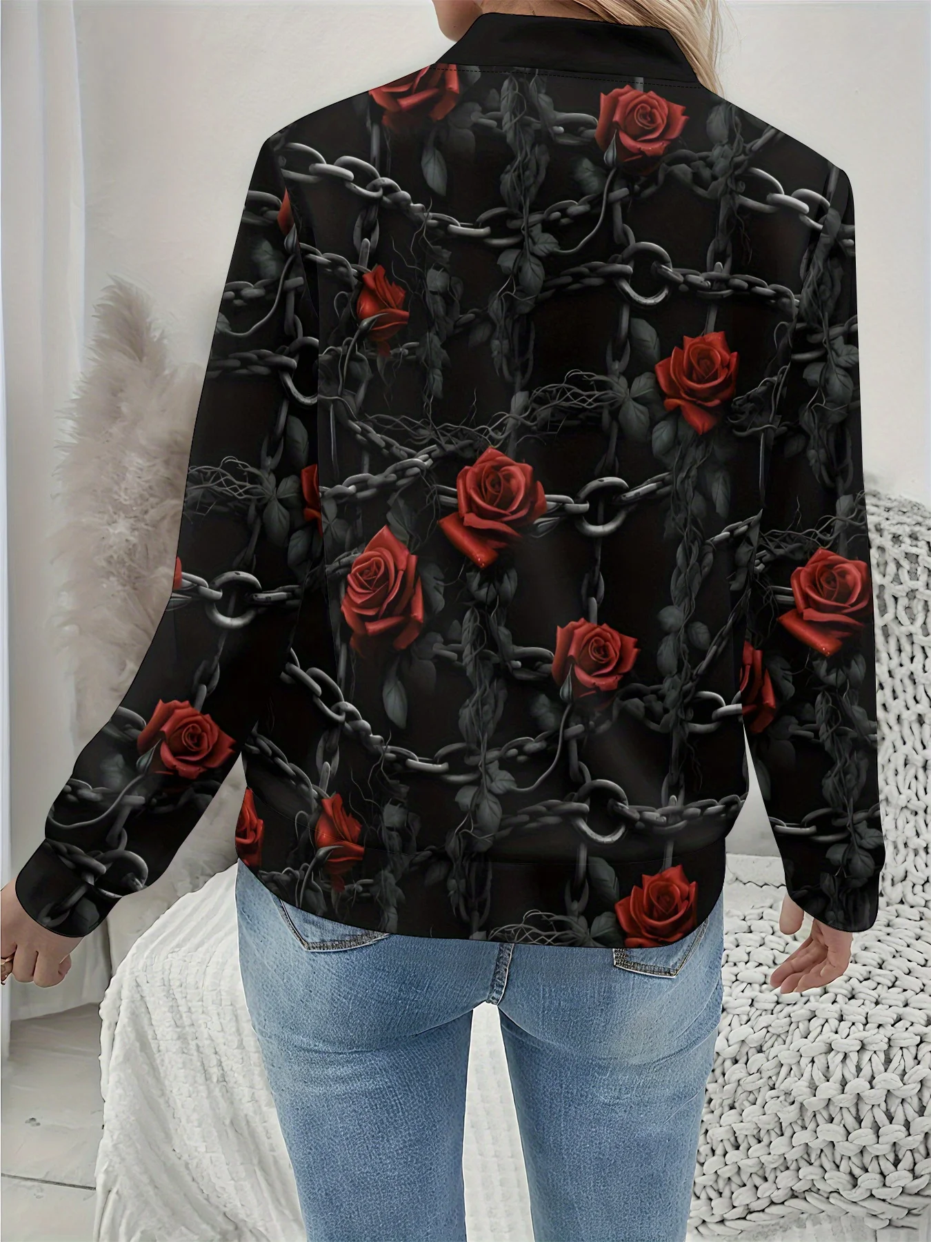 سترة بيسبول نسائية على الطراز القوطي، تصميم يوم الموتى، سحاب إغلاق أمامي، ملابس خارجية متعددة الاستخدامات بأكمام طويلة #2